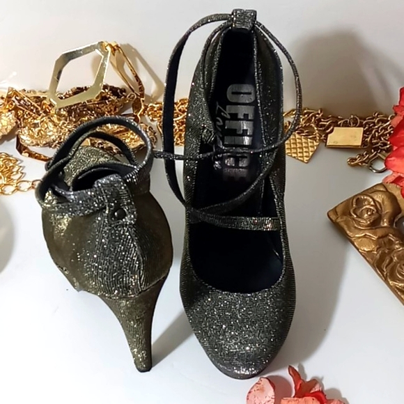 "OFFICE London" Shimmery Crisscross Strappy Round Toe Party Festive Heels - Picture 5 of 12